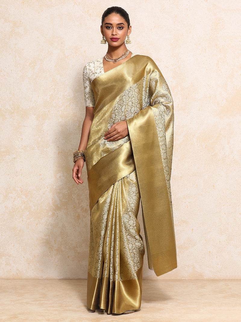 Golden Tissue Saree With Ornate Floral Jaal Weave-Binks