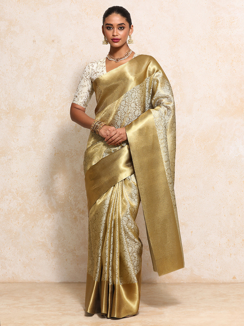 Golden Tissue Saree With Ornate Floral Jaal Weave-Binks