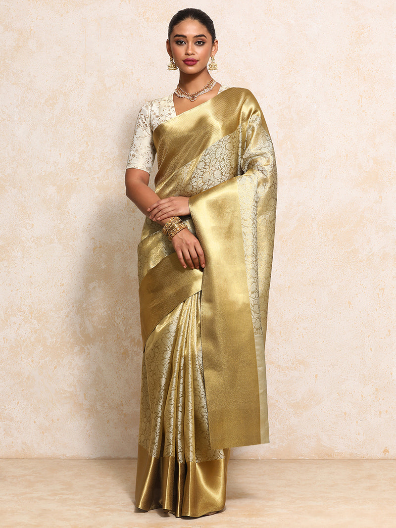 Golden Tissue Saree With Ornate Floral Jaal Weave-Binks