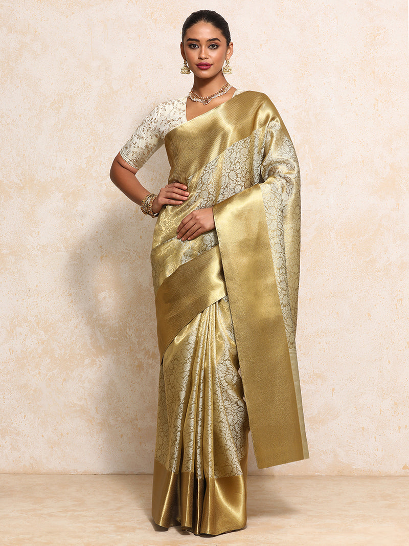 Golden Tissue Saree With Ornate Floral Jaal Weave-Binks
