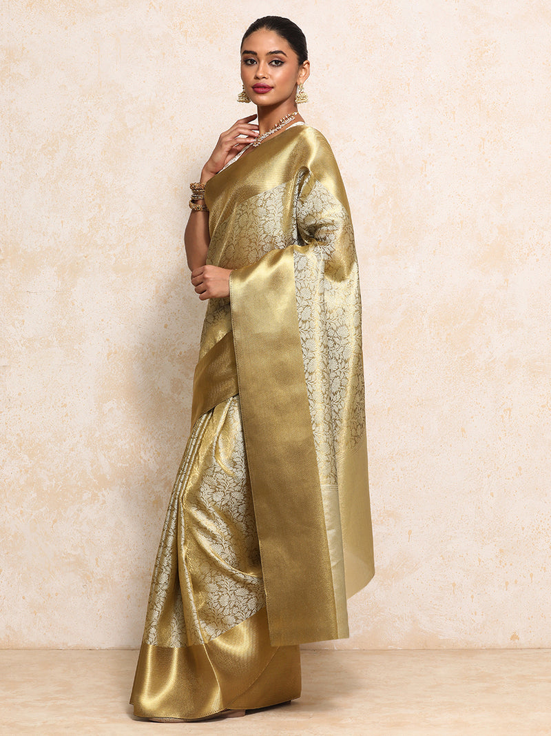Golden Tissue Saree With Ornate Floral Jaal Weave-Binks