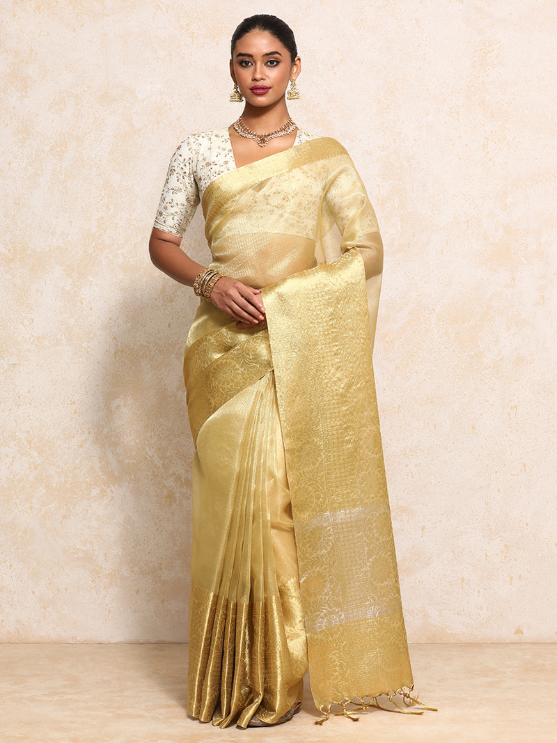 Golden Tissue Saree With Woven Dahlia Motif Border-Binks