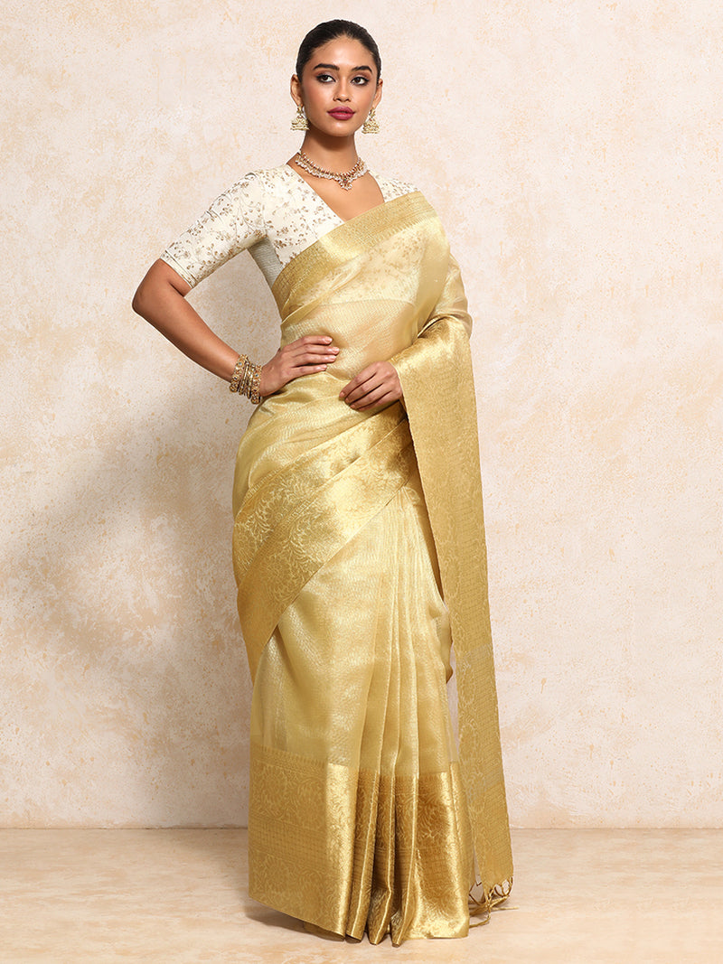 Golden Tissue Saree With Woven Dahlia Motif Border-Binks