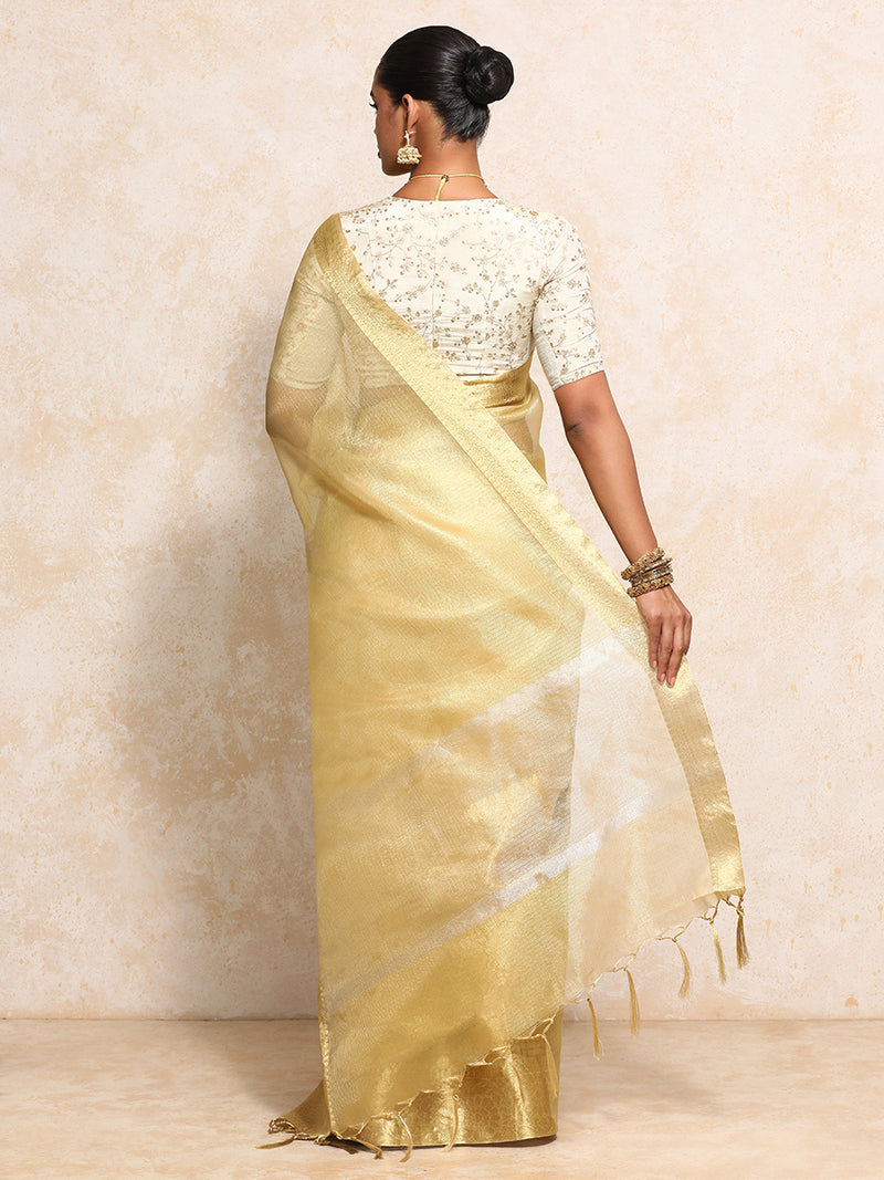 Golden Tissue Saree With Woven Dahlia Motif Border-Binks