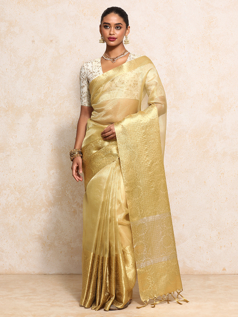 Golden Tissue Saree With Woven Dahlia Motif Border-Binks
