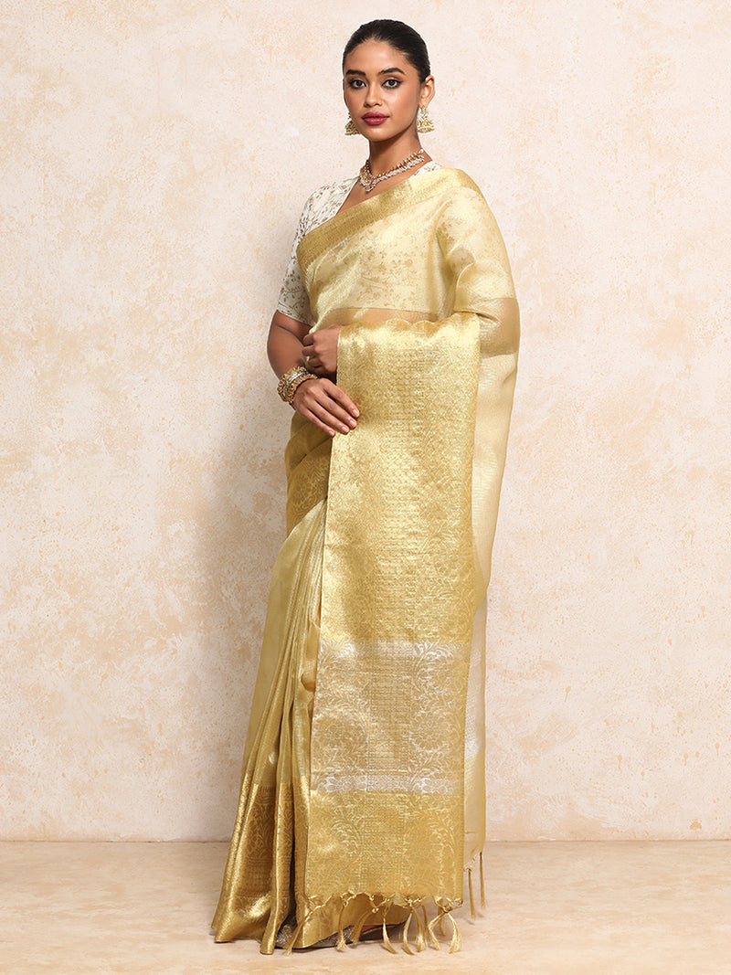 Golden Tissue Saree With Woven Dahlia Motif Border-Binks