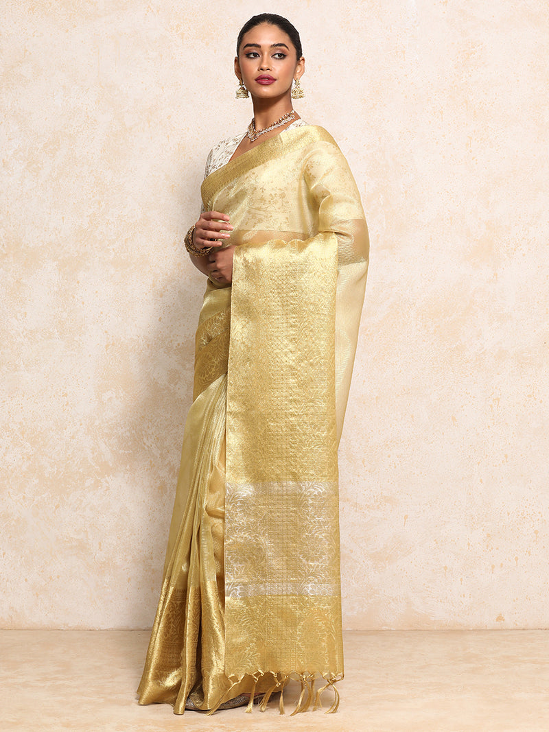 Golden Tissue Saree With Woven Dahlia Motif Border-Binks