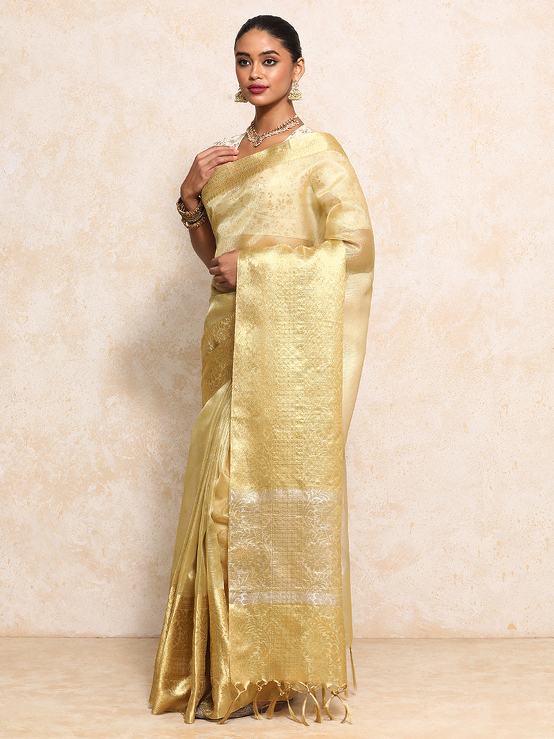 Golden Tissue Saree With Woven Dahlia Motif Border-Binks