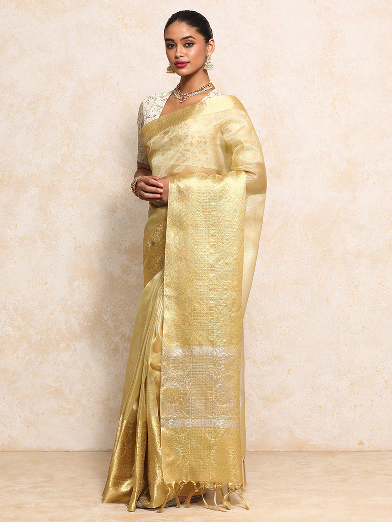 Golden Tissue Saree With Woven Dahlia Motif Border-Binks