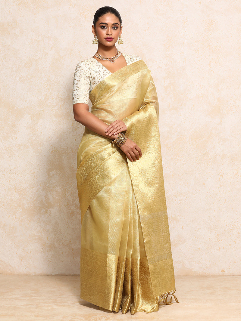 Golden Tissue Saree With Woven Dahlia Motif Border-Binks