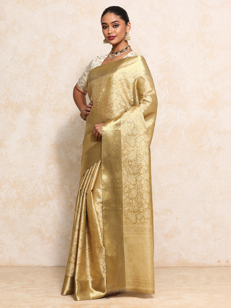 Golden Tissue Saree With Floral Jaal and Sleek Zari Border-Binks
