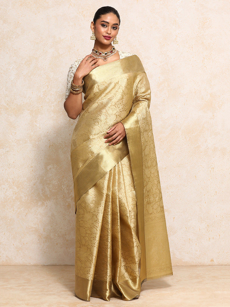 Golden Tissue Saree With Floral Jaal and Sleek Zari Border-Binks