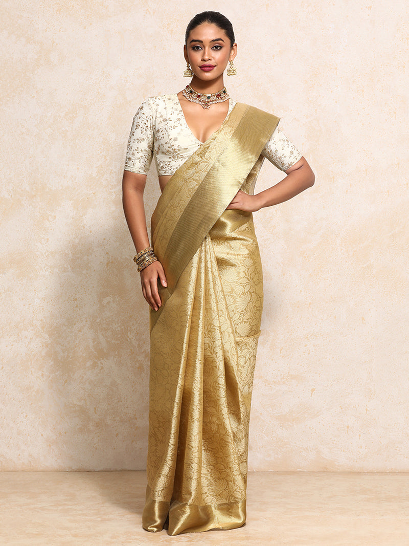 Golden Tissue Saree With Floral Jaal and Sleek Zari Border-Binks