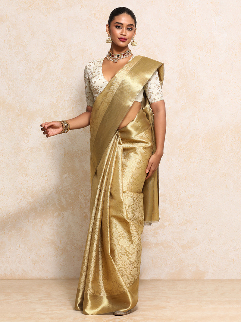 Golden Tissue Saree With Floral Jaal and Sleek Zari Border-Binks
