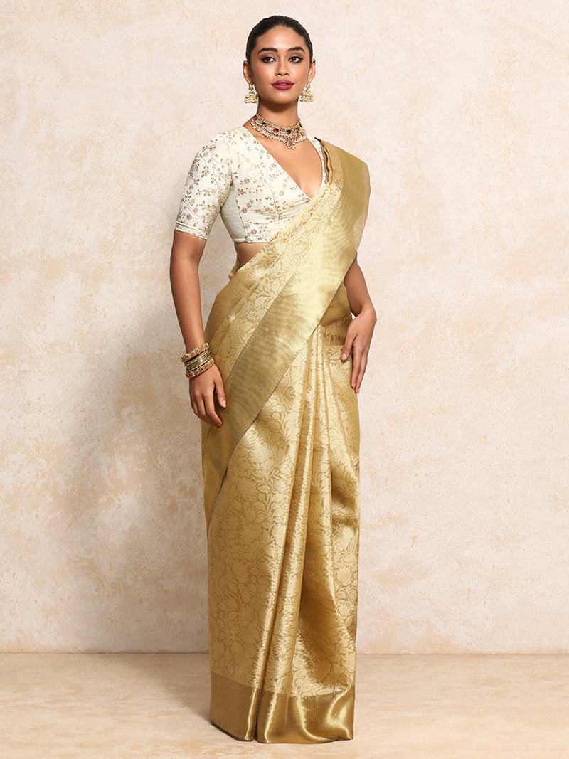 Golden Tissue Saree With Floral Jaal and Sleek Zari Border-Binks