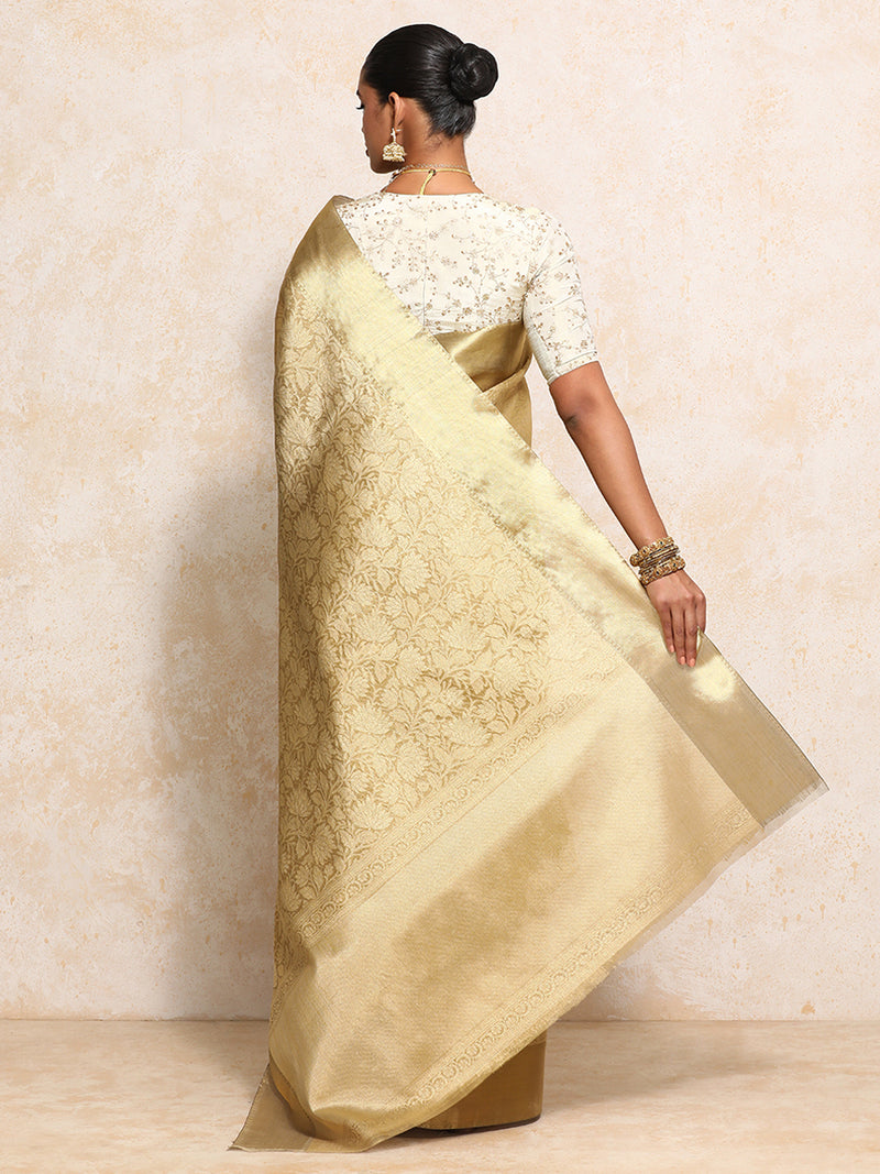 Golden Tissue Saree With Floral Jaal and Sleek Zari Border-Binks