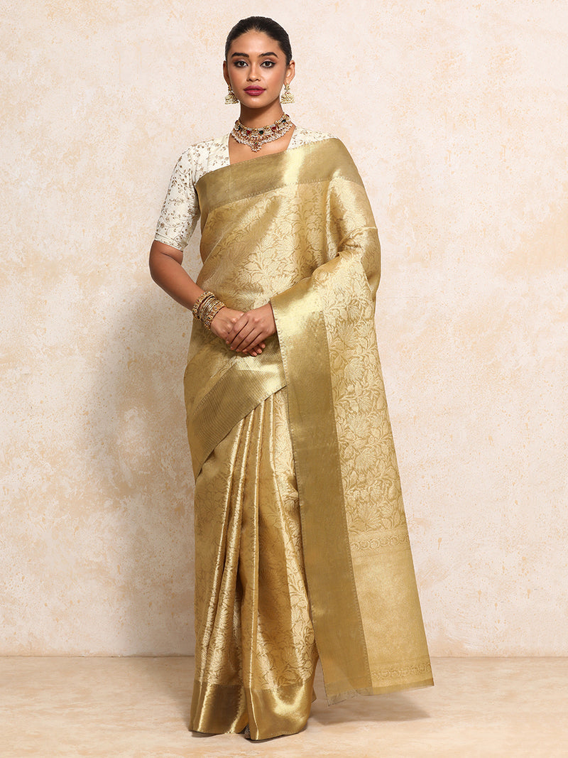 Golden Tissue Saree With Floral Jaal and Sleek Zari Border-Binks