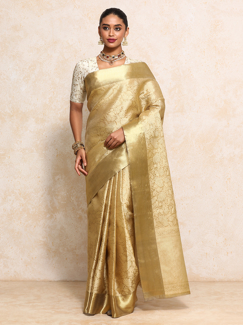 Golden Tissue Saree With Floral Jaal and Sleek Zari Border-Binks