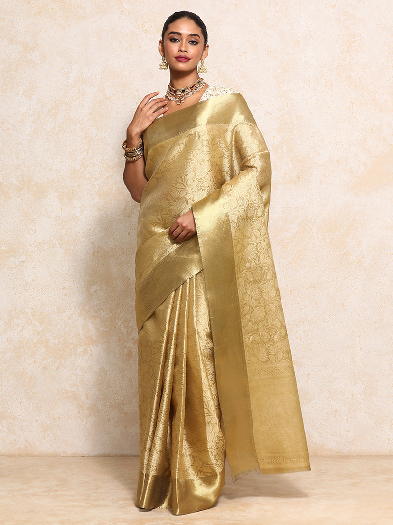 Golden Tissue Saree With Floral Jaal and Sleek Zari Border-Binks