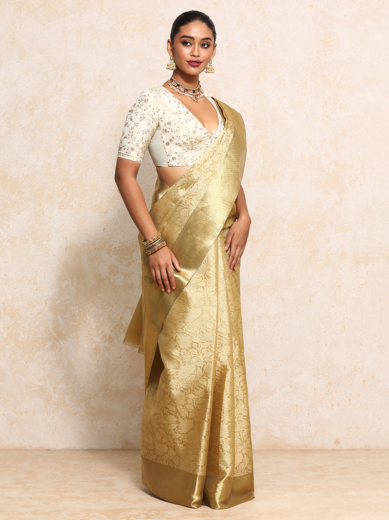 Golden Tissue Saree With Floral Jaal and Sleek Zari Border-Binks