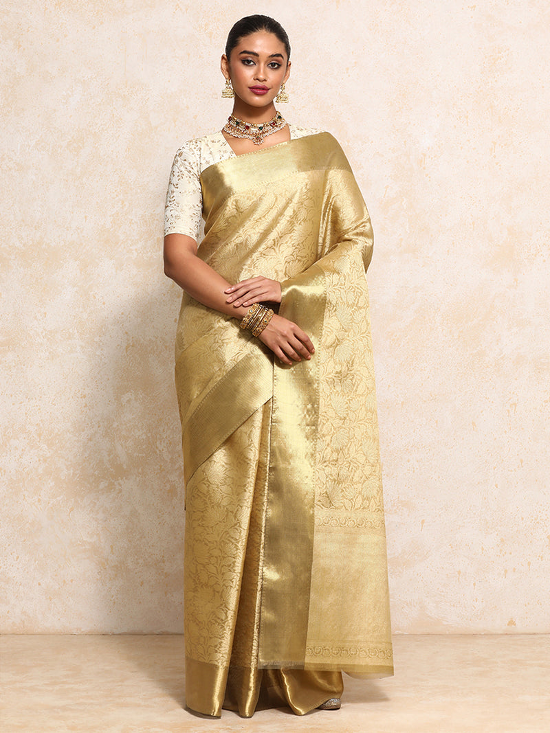 Golden Tissue Saree With Floral Jaal and Sleek Zari Border-Binks