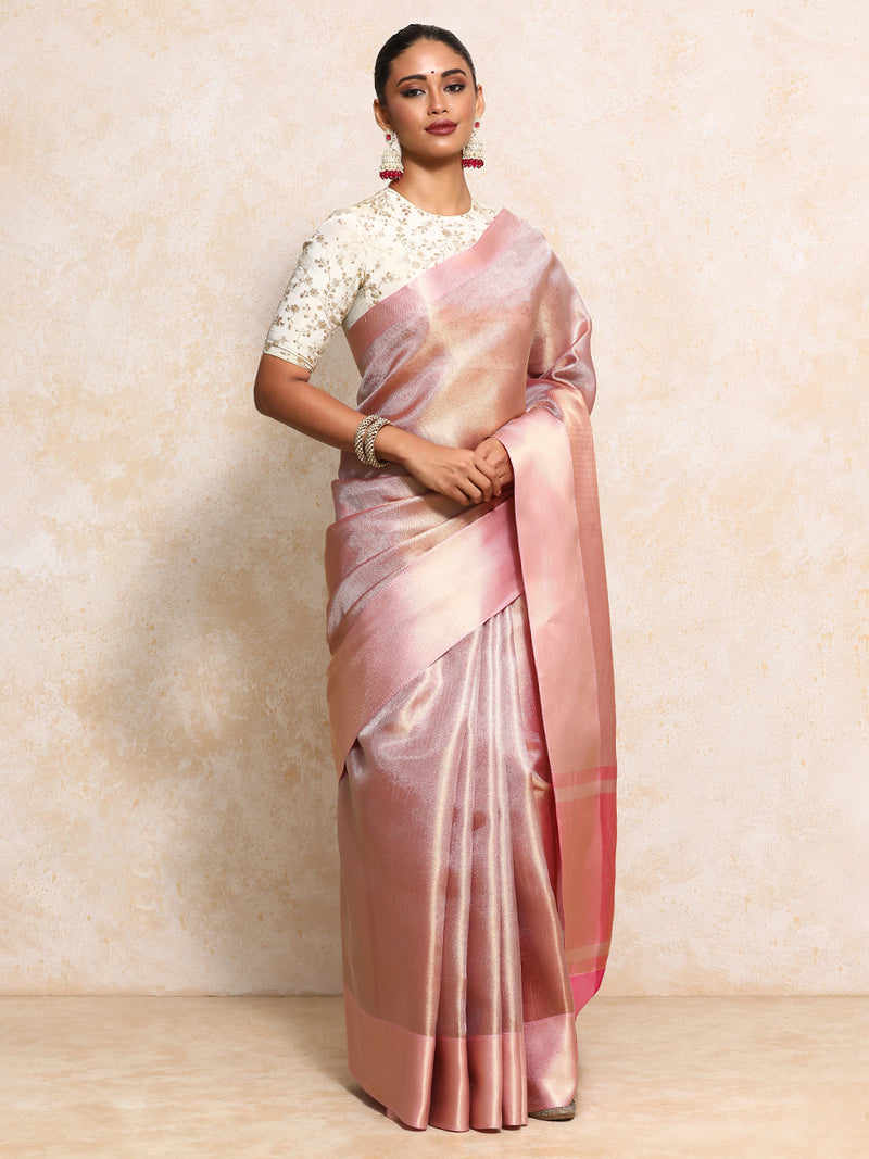 Light Pink Tissue Saree With Chevron Weave-Binks
