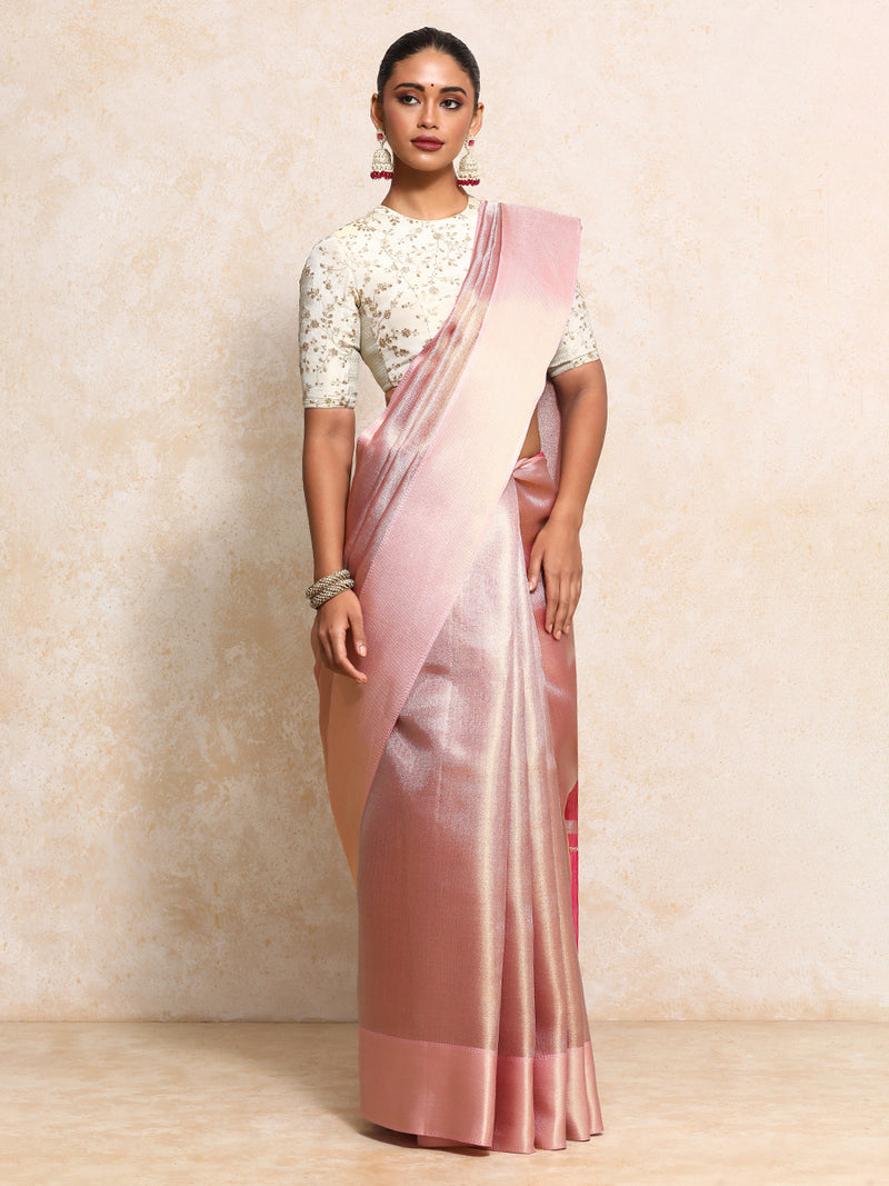 Light Pink Tissue Saree With Chevron Weave-Binks