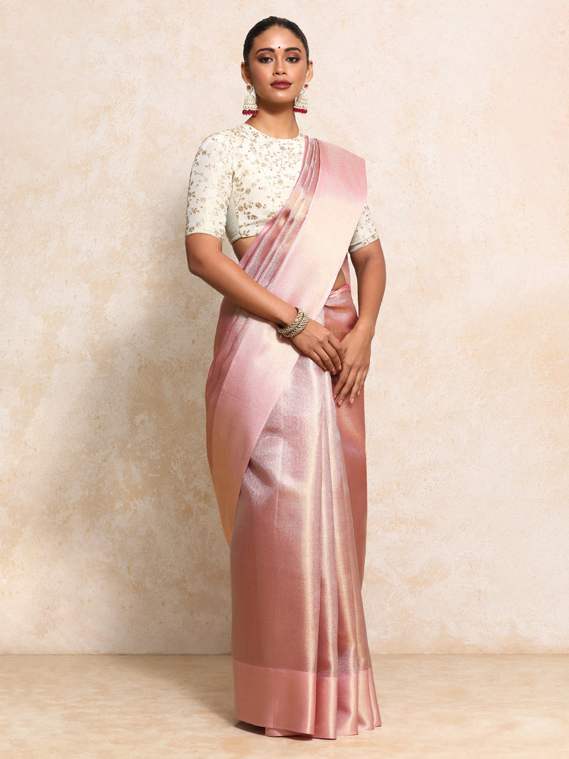 Light Pink Tissue Saree With Chevron Weave-Binks