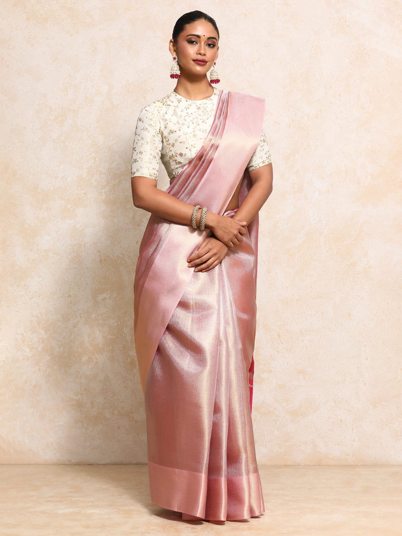 Light Pink Tissue Saree With Chevron Weave-Binks