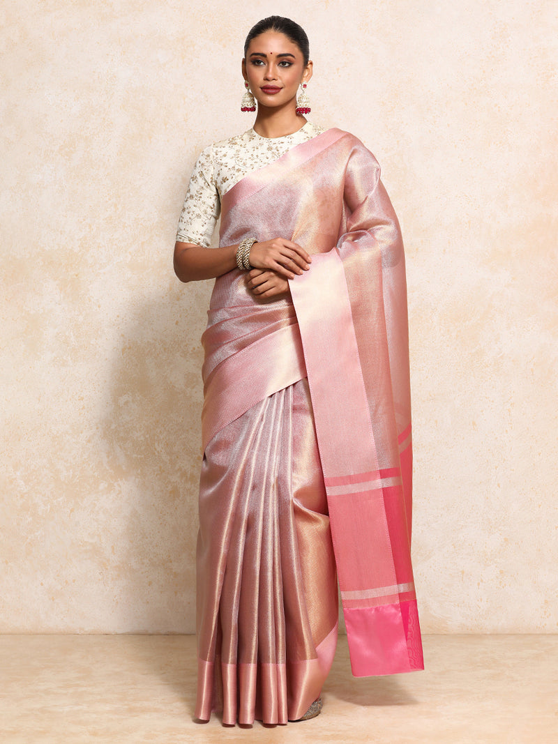 Light Pink Tissue Saree With Chevron Weave-Binks