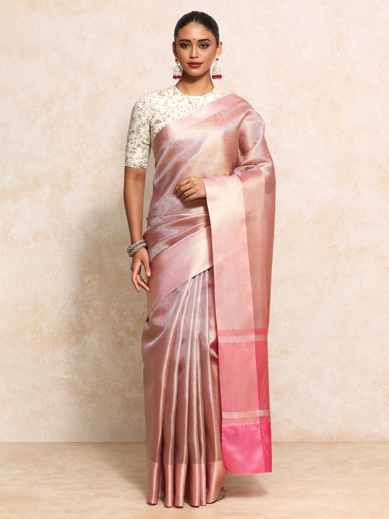 Light Pink Tissue Saree With Chevron Weave-Binks