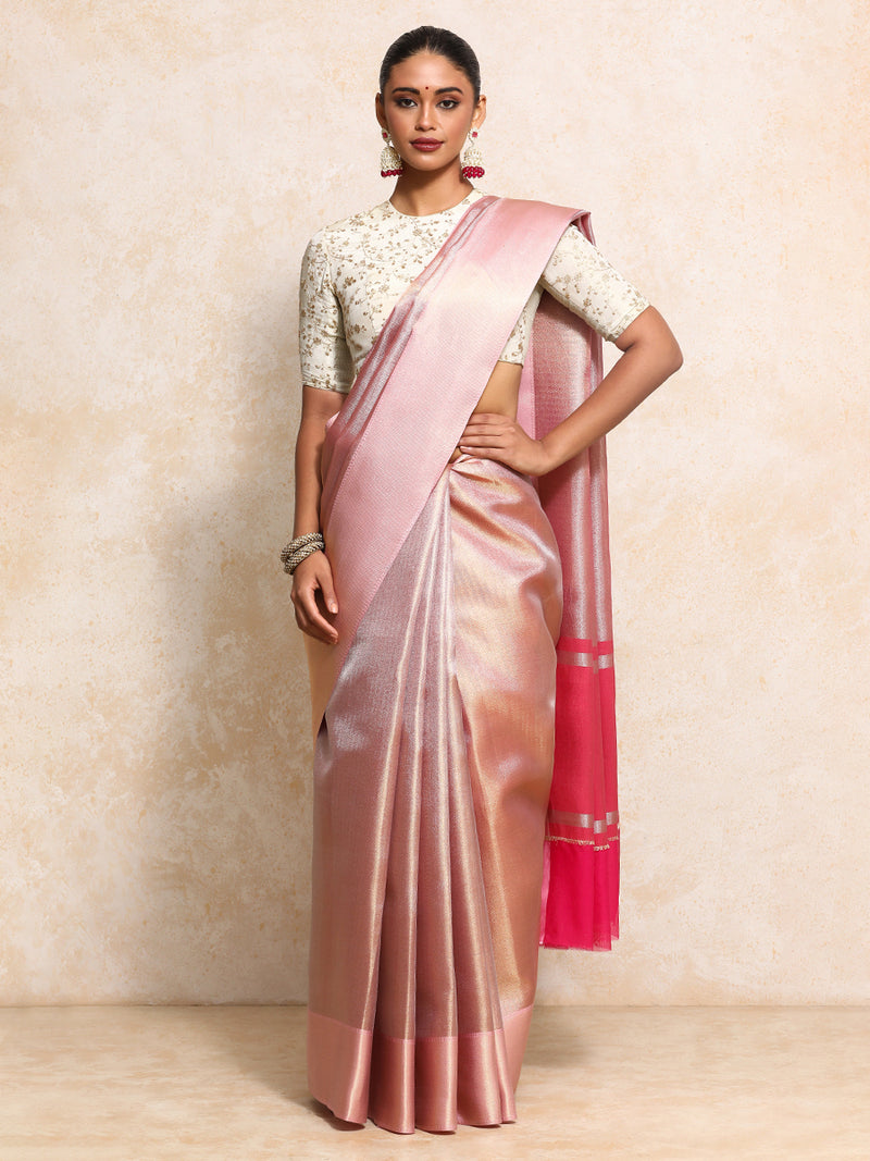 Light Pink Tissue Saree With Chevron Weave-Binks