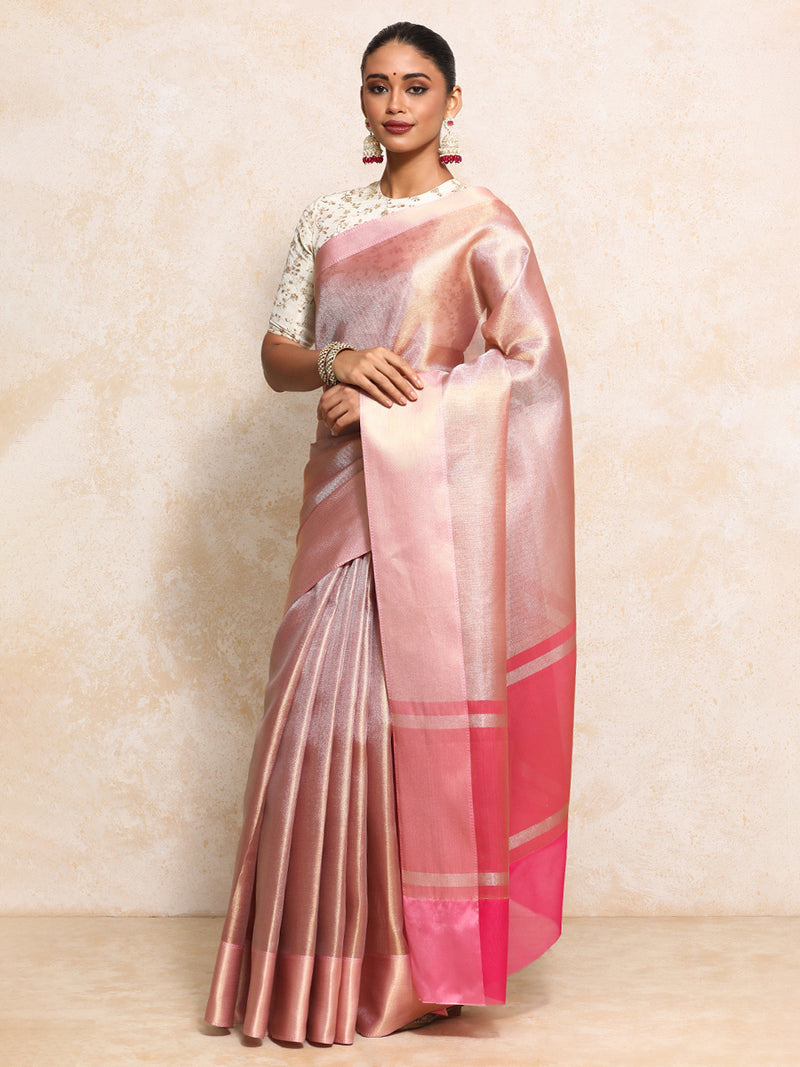 Light Pink Tissue Saree With Chevron Weave-Binks