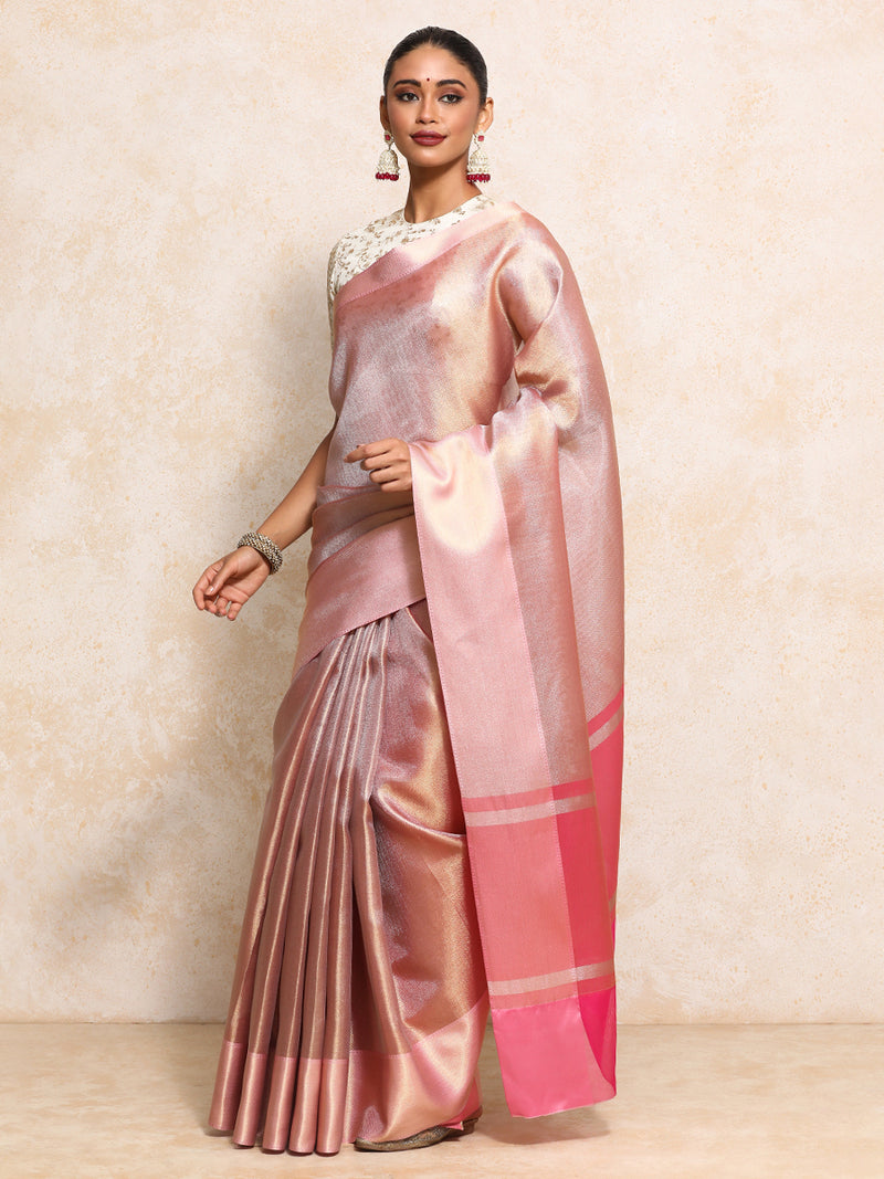 Light Pink Tissue Saree With Chevron Weave-Binks