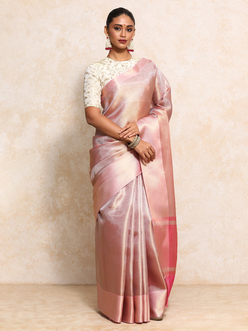 Light Pink Tissue Saree With Chevron Weave-Binks