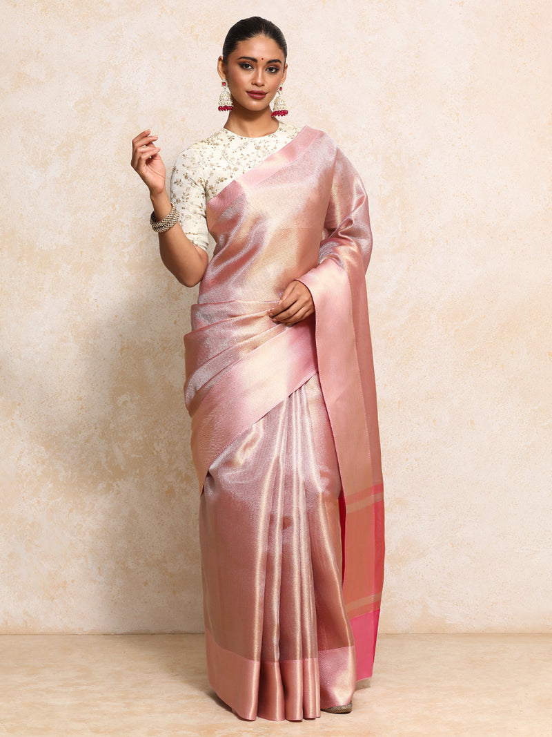 Light Pink Tissue Saree With Chevron Weave-Binks