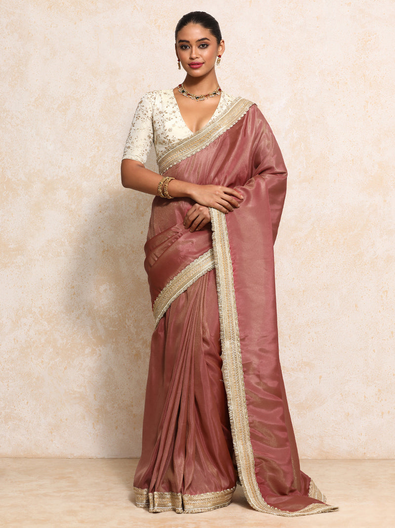 Yamira Marsala Gold Tissue Saree With Ready-to-Wear Option-Binks