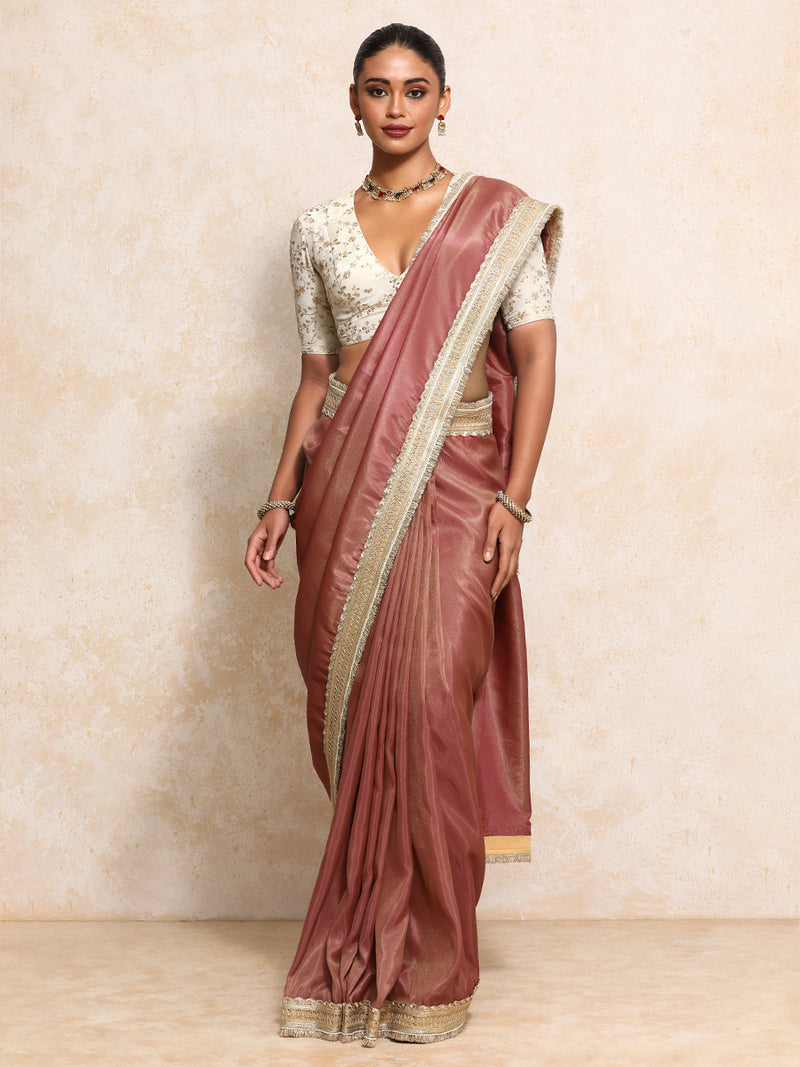 Yamira Marsala Gold Tissue Saree With Ready-to-Wear Option-Binks
