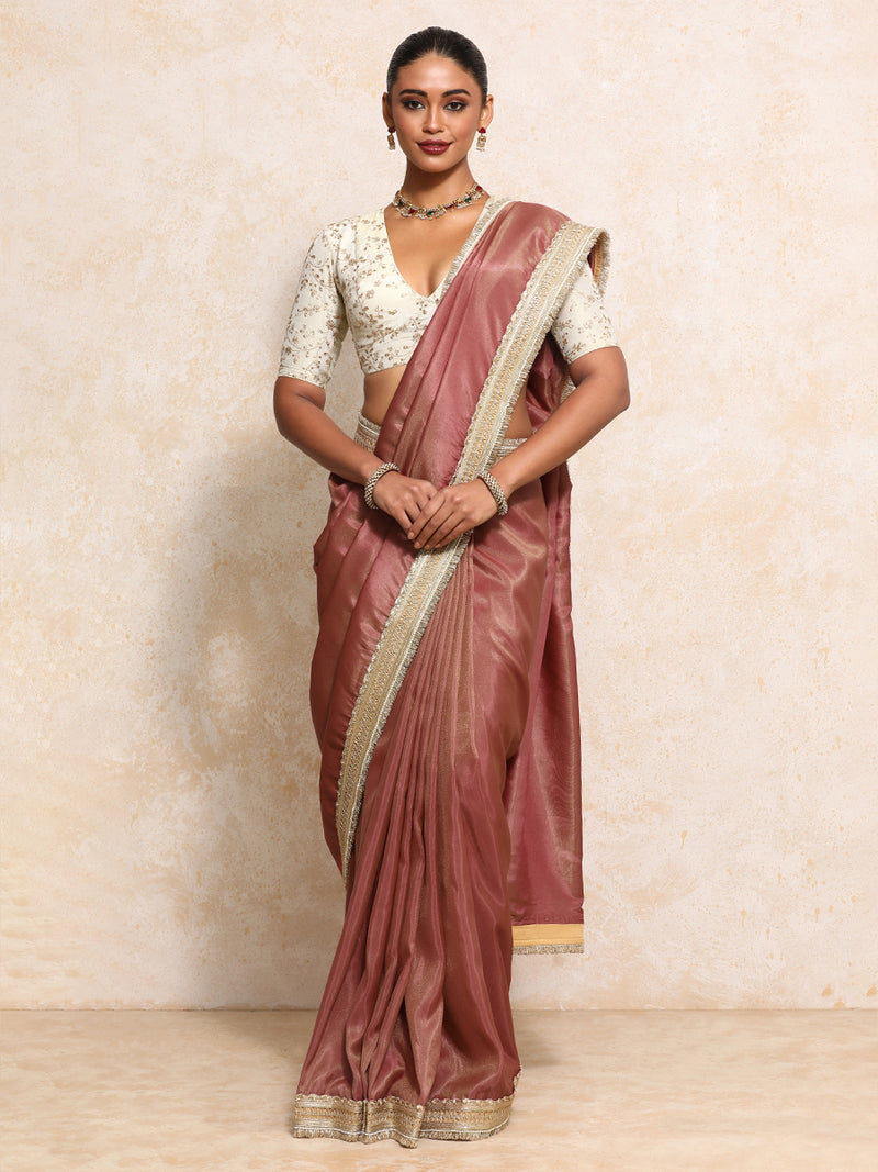 Yamira Marsala Gold Tissue Saree With Ready-to-Wear Option-Binks