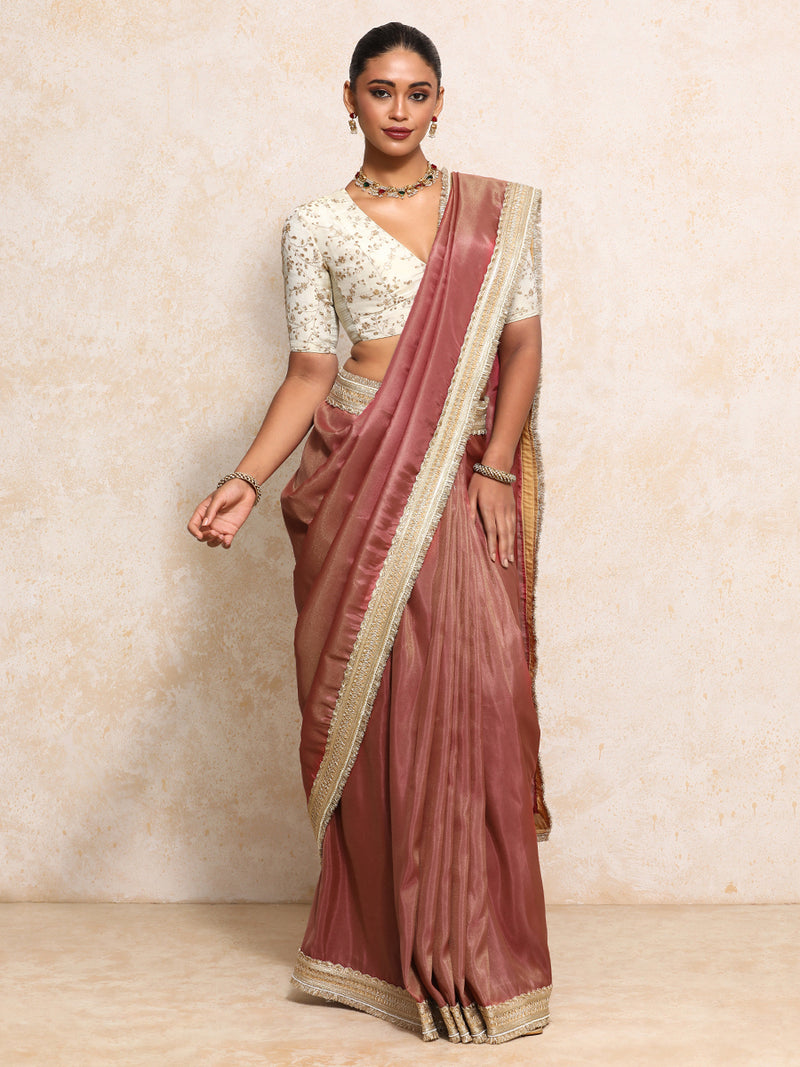 Yamira Marsala Gold Tissue Saree With Ready-to-Wear Option-Binks