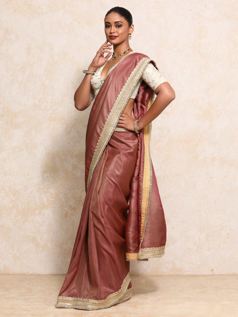 Yamira Marsala Gold Tissue Saree With Ready-to-Wear Option-Binks