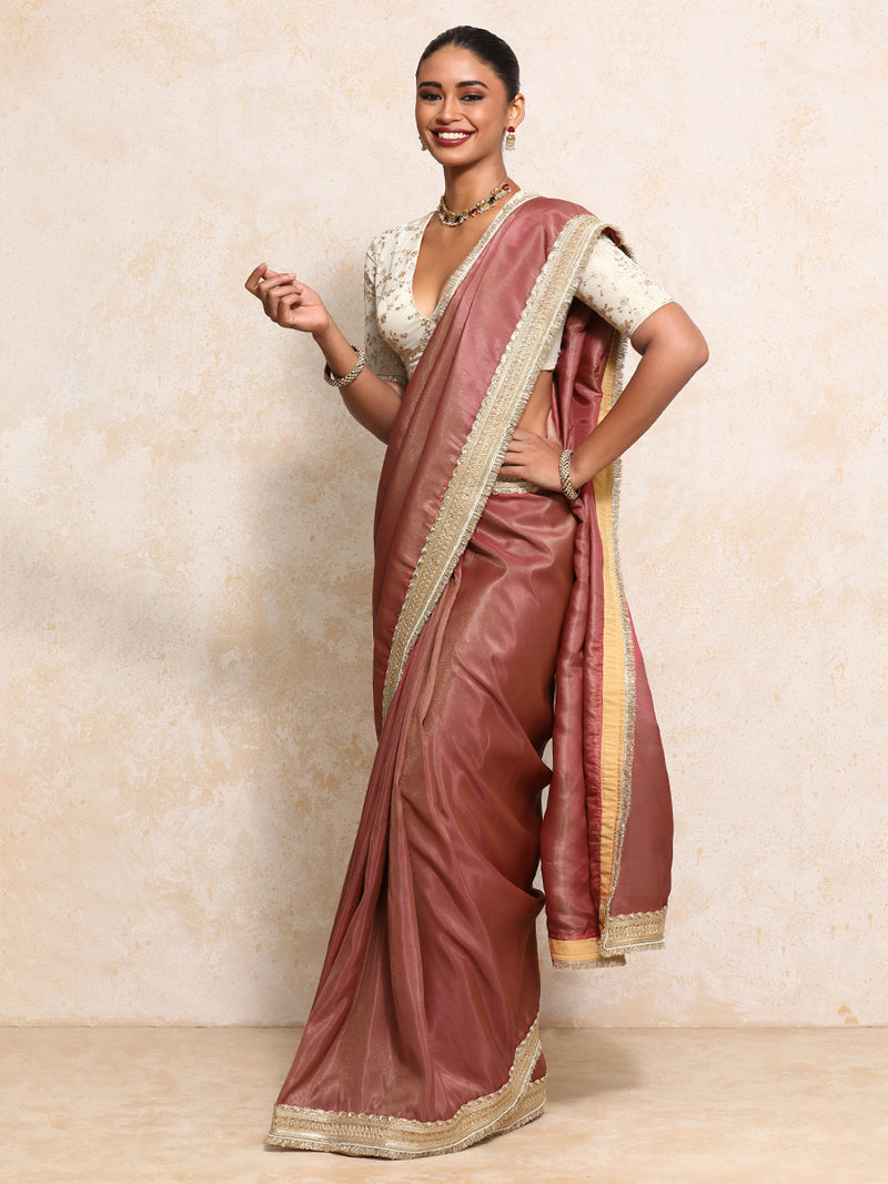Yamira Marsala Gold Tissue Saree With Ready-to-Wear Option-Binks
