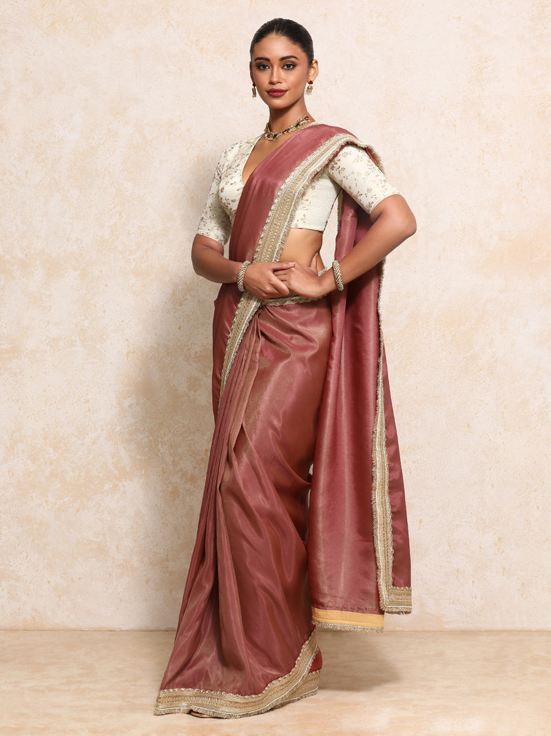 Yamira Marsala Gold Tissue Saree With Ready-to-Wear Option-Binks