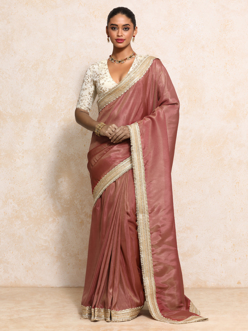 Yamira Marsala Gold Tissue Saree With Ready-to-Wear Option-Binks