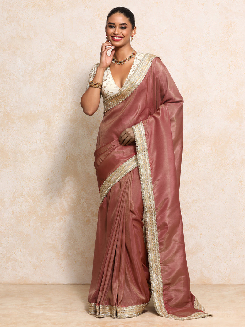 Yamira Marsala Gold Tissue Saree With Ready-to-Wear Option-Binks