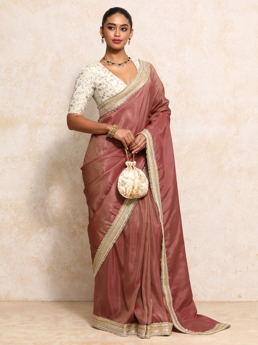 Yamira Marsala Gold Tissue Saree With Ready-to-Wear Option, in Viscose Gold Tissue, made for party & festive (view 8).