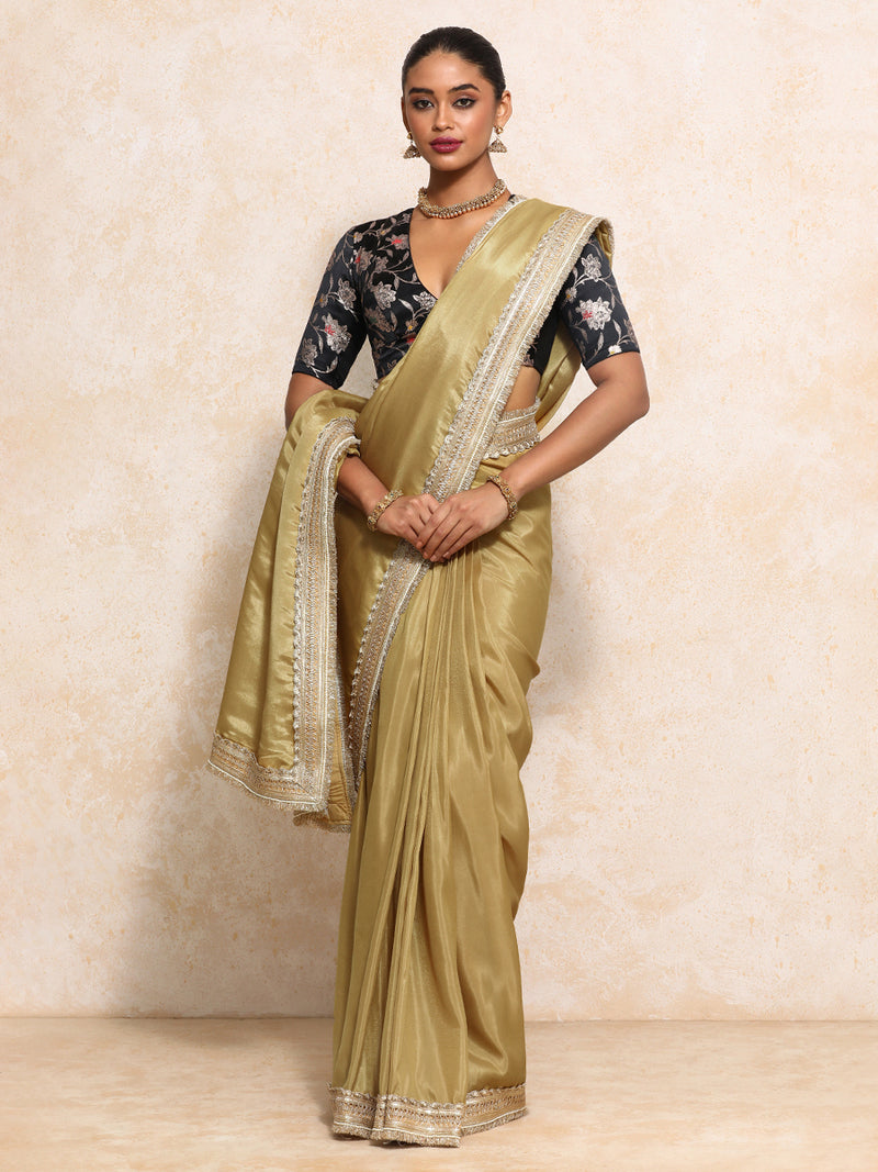 Yamira Mustard Gold Tissue Saree With Ready-to-Wear Option-Binks