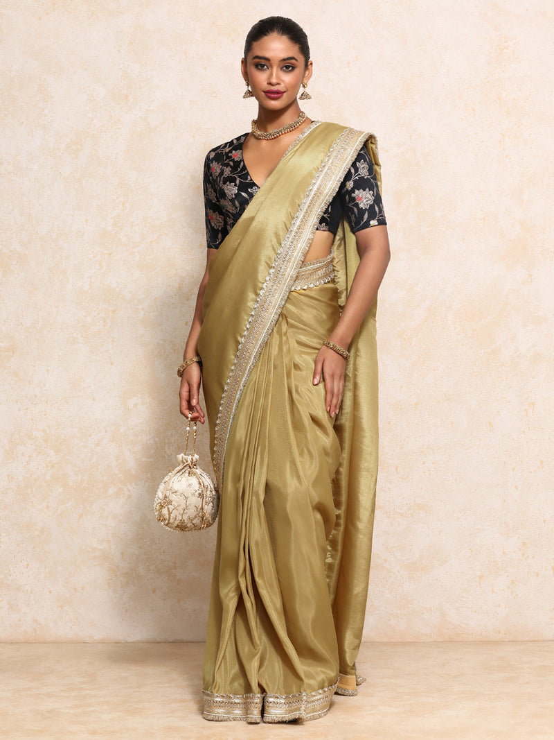 Yamira Mustard Gold Tissue Saree With Ready-to-Wear Option-Binks