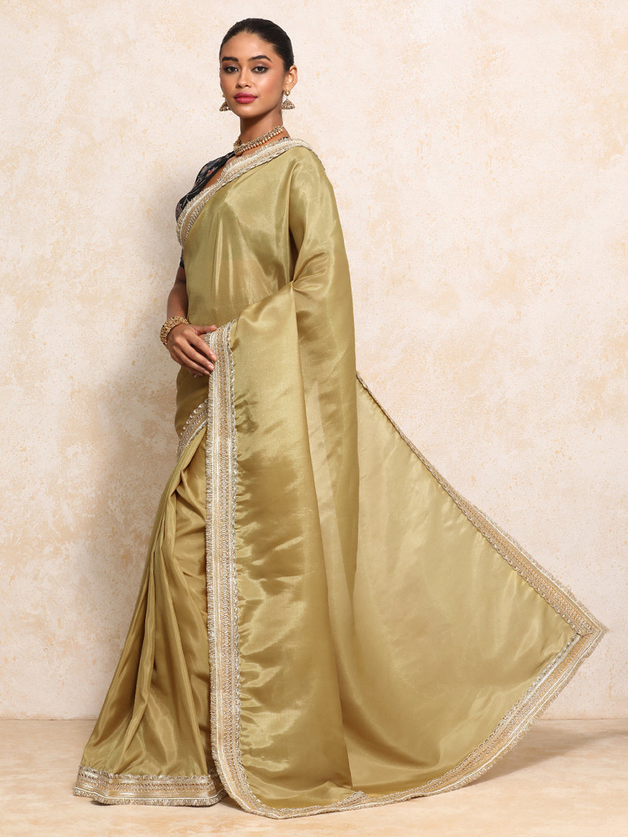 Yamira Mustard Gold Tissue Saree With Ready-to-Wear Option, in Viscose Gold Tissue, made for party & festive (view 8).