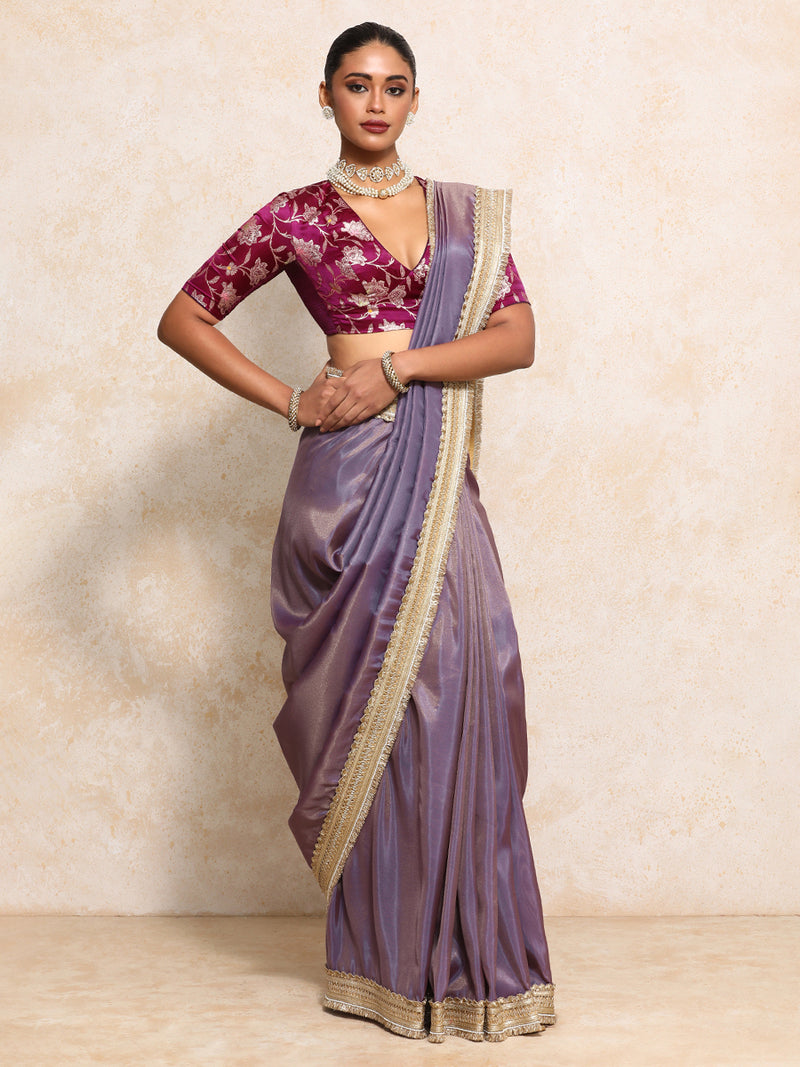 Yamira Purple Gold Tissue Saree With Ready-to-Wear Option-Binks
